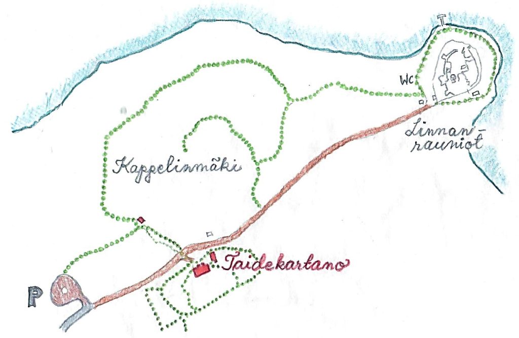 Piirretty kartta Kuusiston luonto- ja kulttuuripolusta.